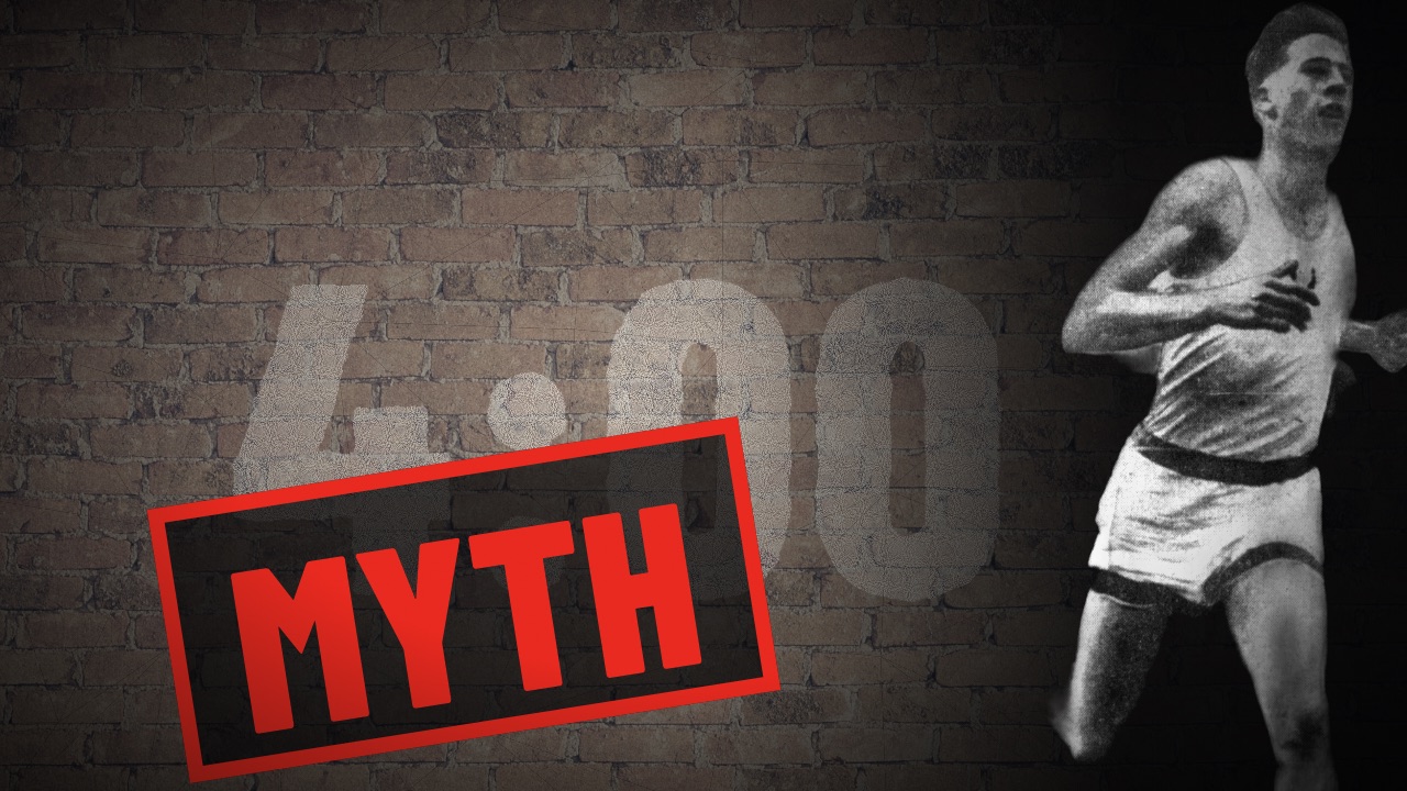 Roger Bannister in front of a brick wall painted 4:00, stamped MYTH